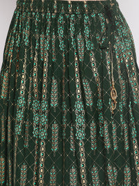 Thumbnail for Wahe-NOOR Bottle Green Printed Rayon Flared Skirt
