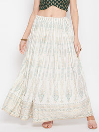 Thumbnail for Wahe-NOOR Cream Printed Rayon Flared Skirt
