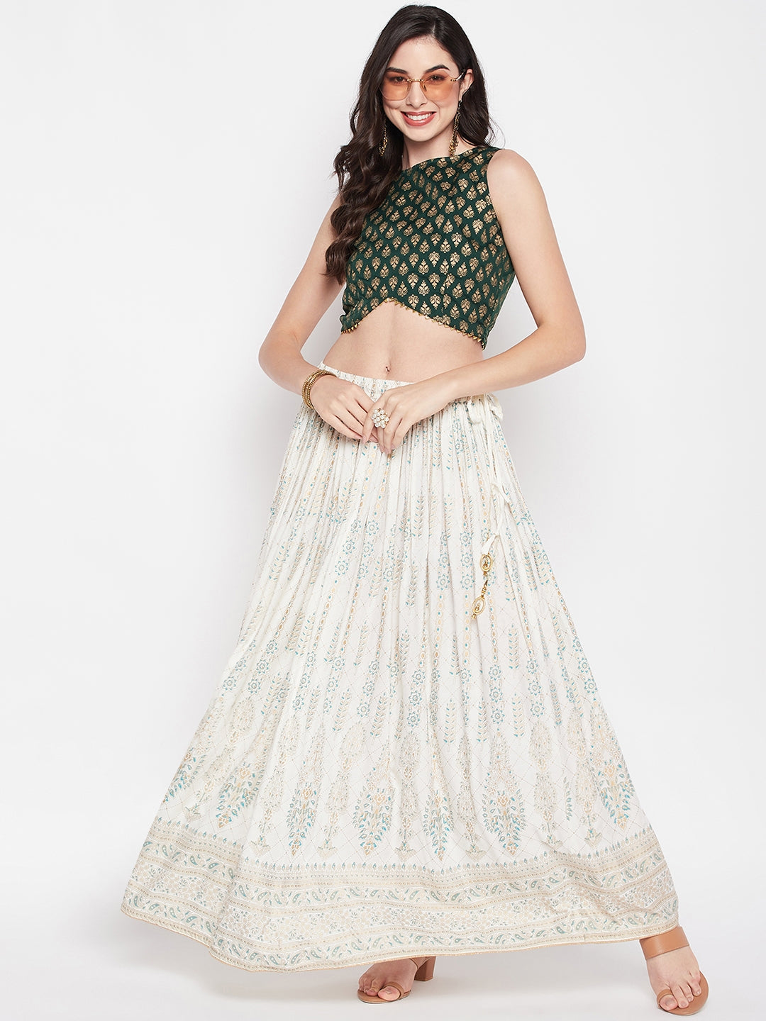 Wahe-NOOR Cream Printed Rayon Flared Skirt