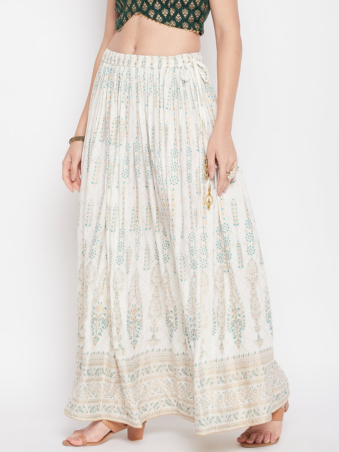 Wahe-NOOR Cream Printed Rayon Flared Skirt