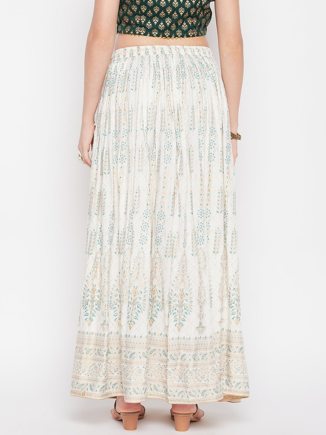 Wahe-NOOR Cream Printed Rayon Flared Skirt