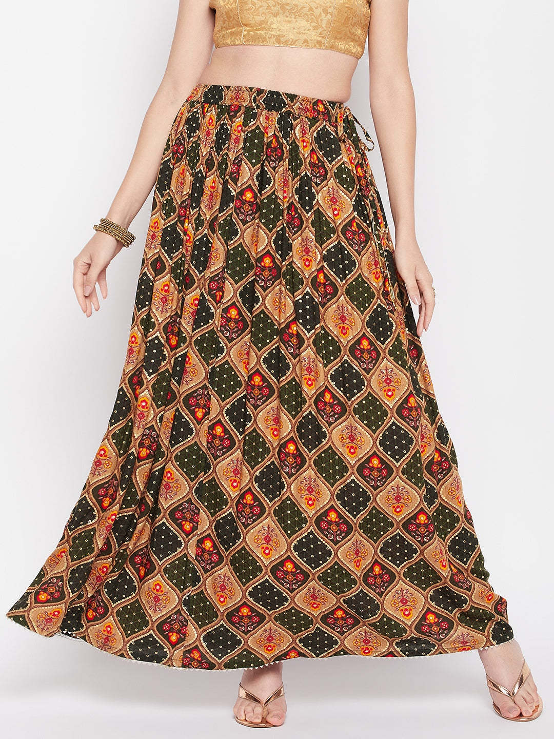 Wahe-NOOR Bottle Green Printed Rayon Maxi Skirt