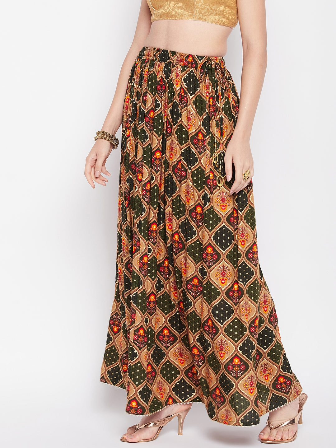 Wahe-NOOR Bottle Green Printed Rayon Maxi Skirt