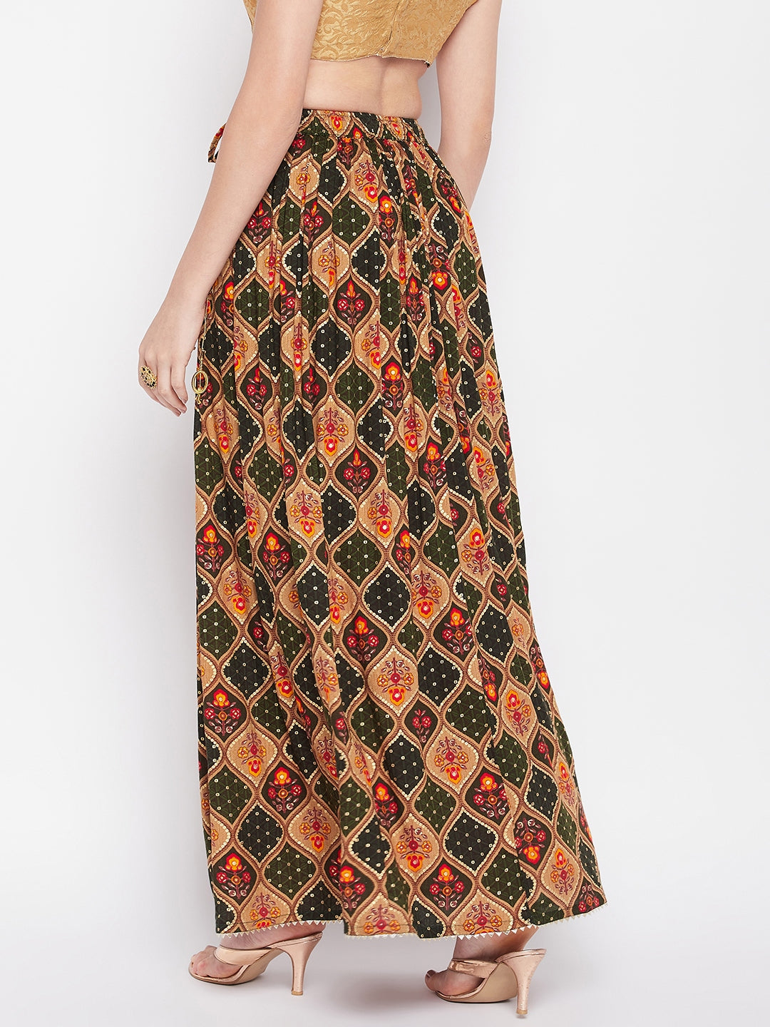 Wahe-NOOR Bottle Green Printed Rayon Maxi Skirt