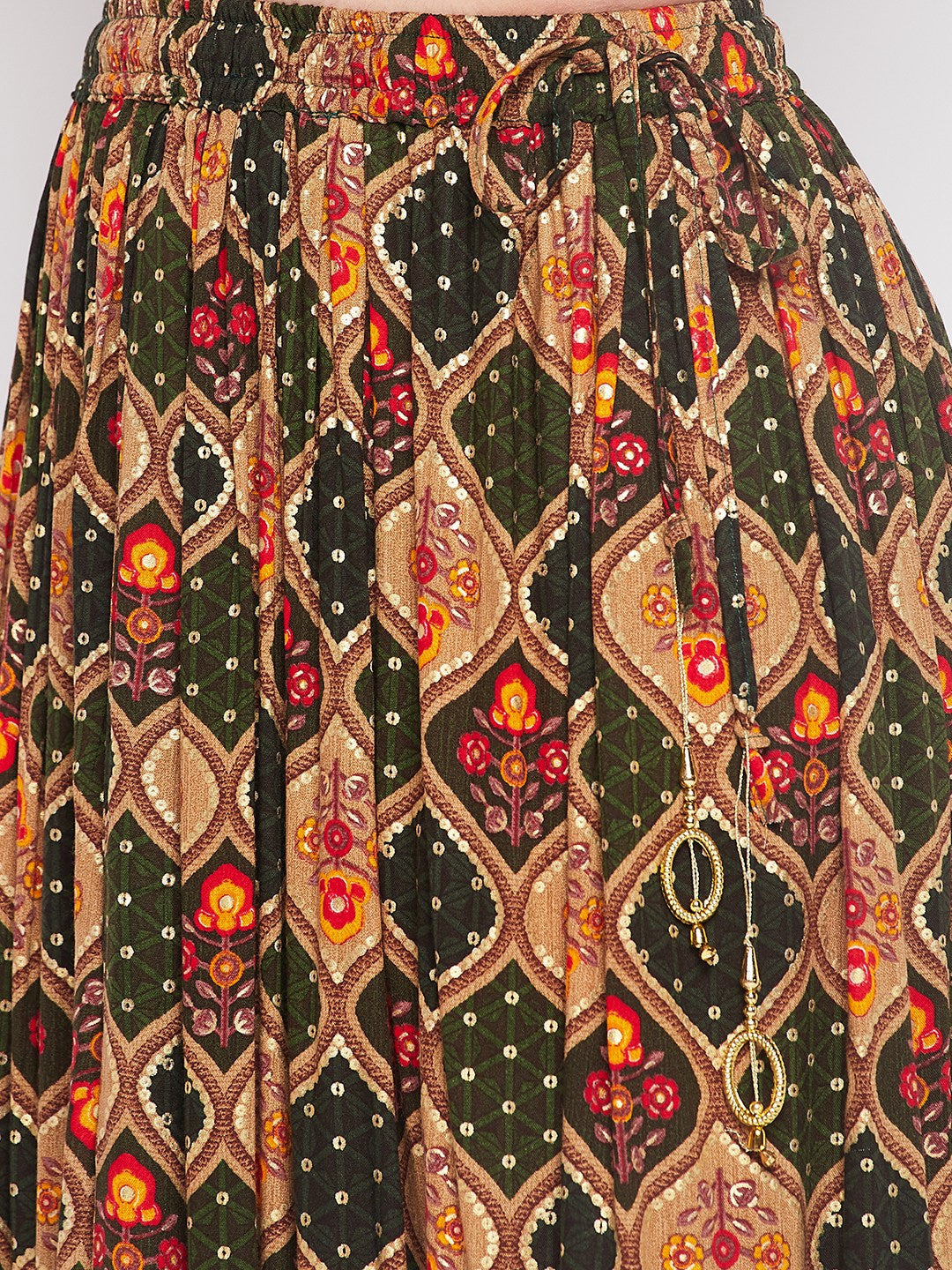 Wahe-NOOR Bottle Green Printed Rayon Maxi Skirt
