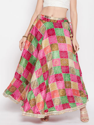 Wahe-NOOR Multicoloured Tie & Dye Bandhani Printed Chinon Skirt