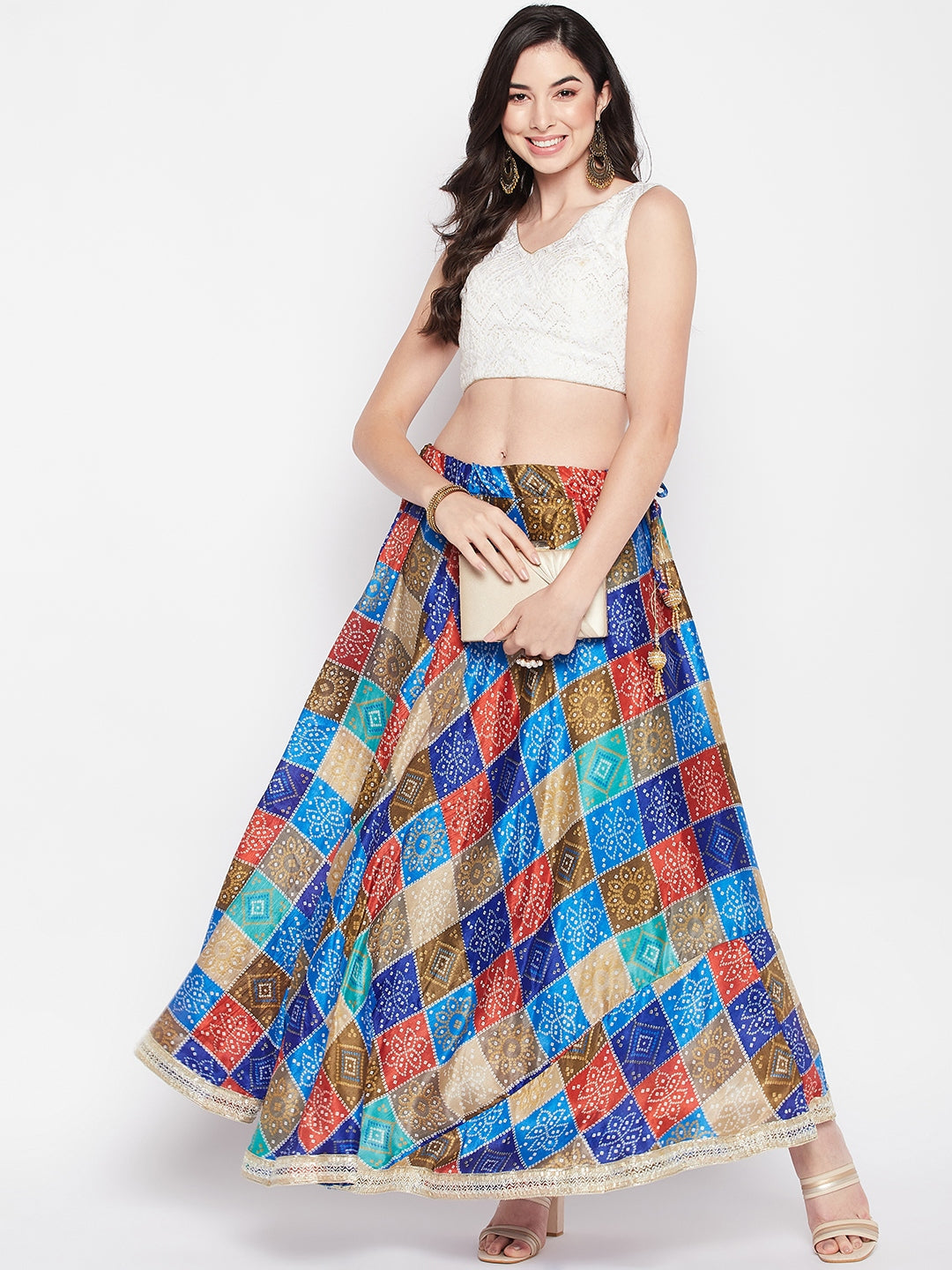 Wahe-NOOR Multicoloured Tie & Dye Bandhani Printed Chinon Skirt