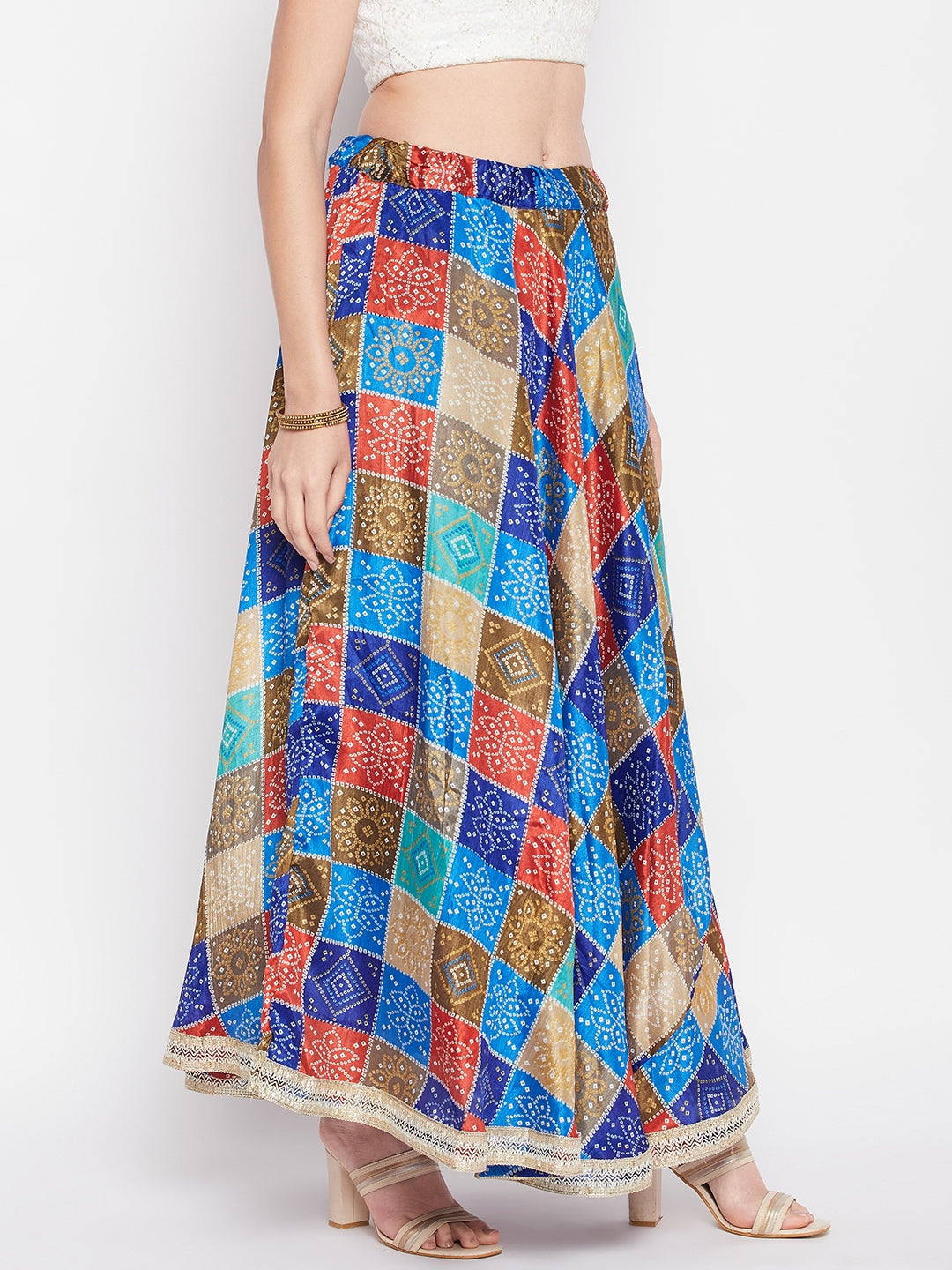 Wahe-NOOR Multicoloured Tie & Dye Bandhani Printed Chinon Skirt