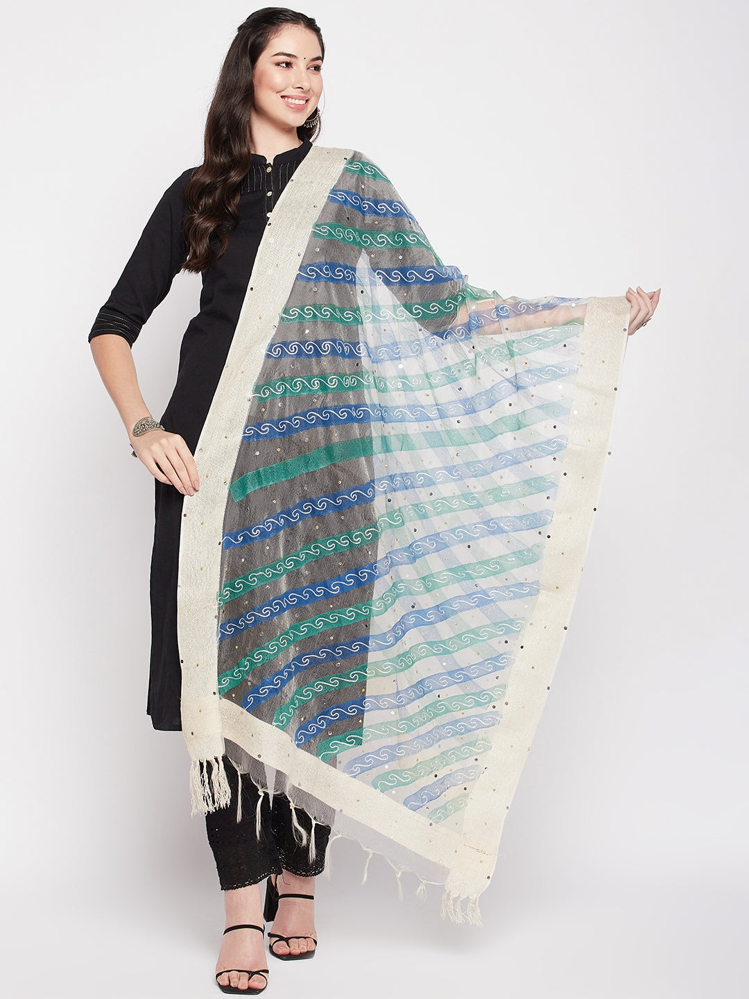Wahe-NOOR Royal Blue Mirror Embroidery Organza Dupatta