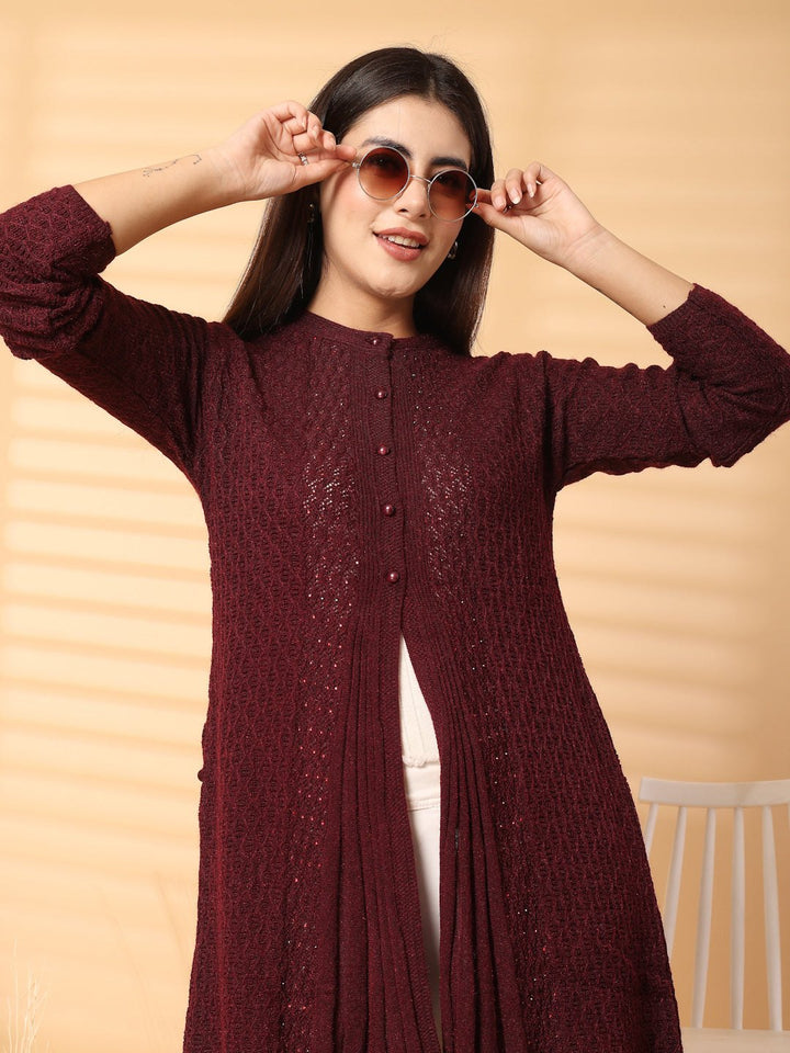 Buy Wahe-NOOR Wine Embellished Longline Woolen Cardigan Online At
