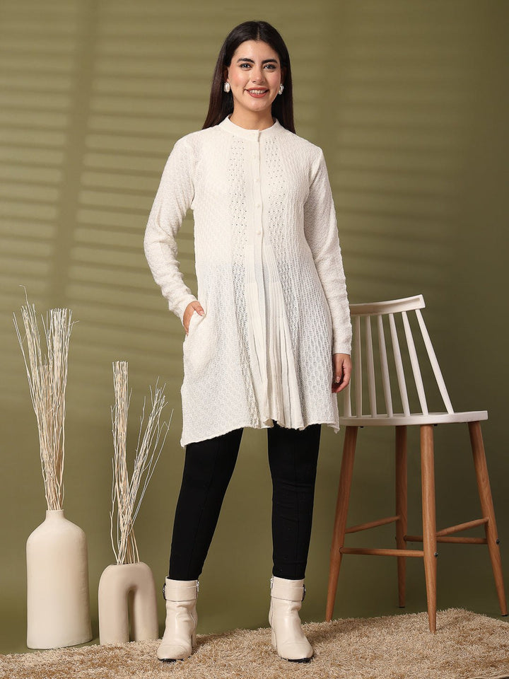 Buy Wahe-NOOR White Embellished Longline Woolen Cardigan Online At