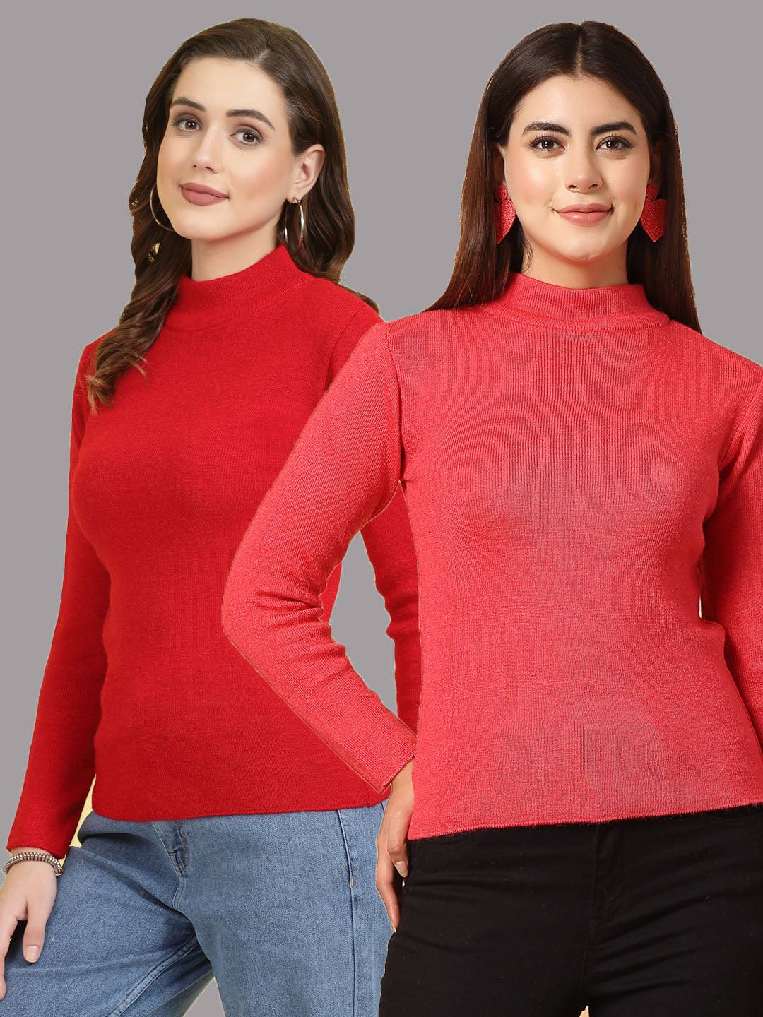 Wahe-NOOR Solid High neck Full Sleeve Woolen Casual Top (Pack of 2)