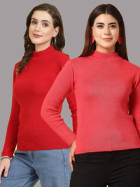 Thumbnail for Wahe-NOOR Solid High neck Full Sleeve Woolen Casual Top (Pack of 2)
