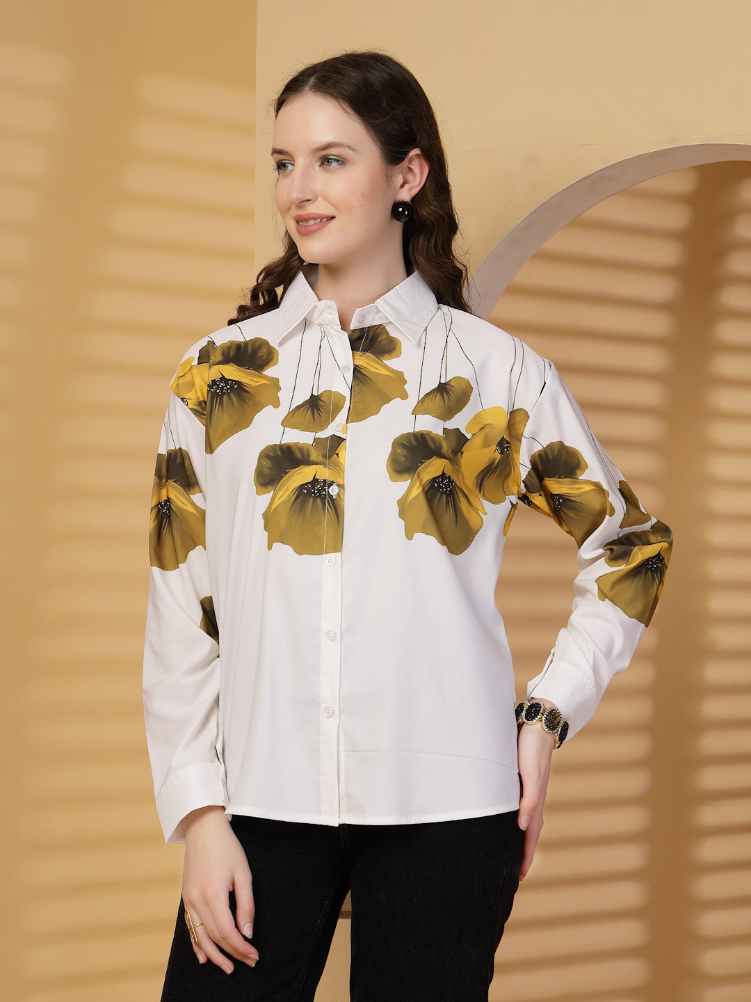 Wahe-NOOR Mustard Printed Shirt Collar Shirt