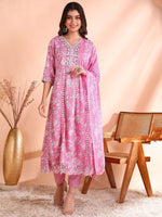Thumbnail for Ode by House of Pataudi Thread Work Pure Cotton Anarkali Kurta with Trousers & Dupatta - Distacart
