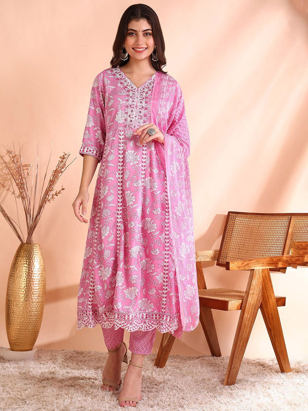 Ode by House of Pataudi Thread Work Pure Cotton Anarkali Kurta with Trousers & Dupatta - Distacart