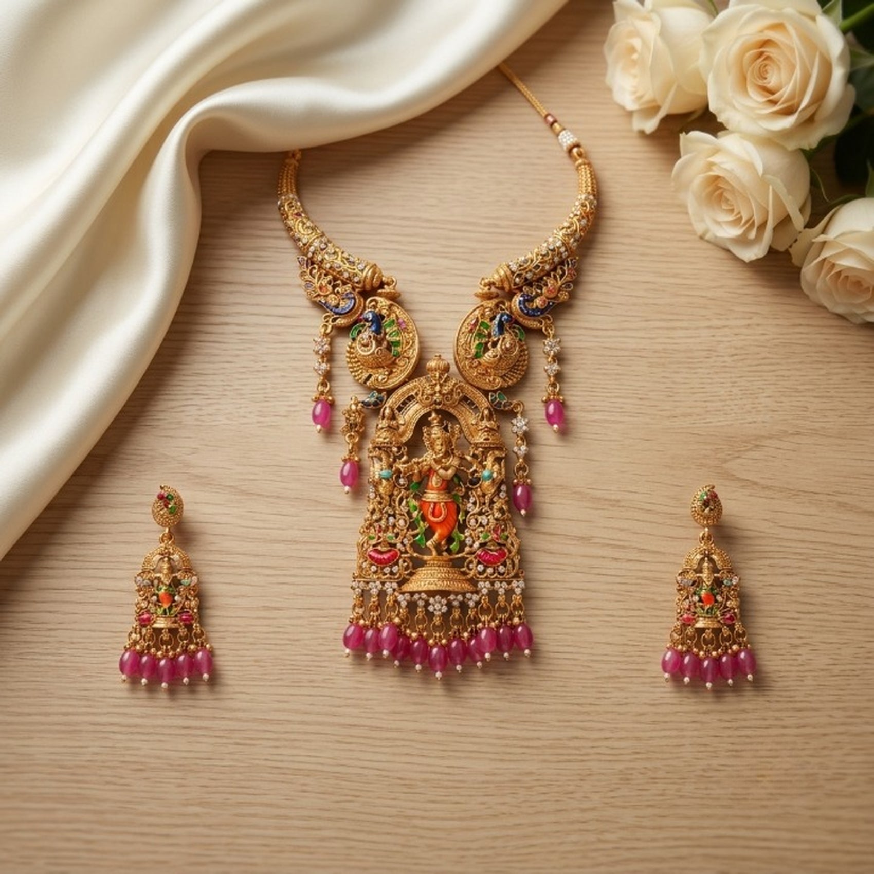 Jewel City Multicolor Antique Gold Plated South Indian Temple Jewelry Set With Jhumka Earrings For Weddings - Dista