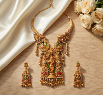 Jewel City Antique Gold Plated South Indian Temple Jewelry Set - Krishna Motif Necklace with Jhumka Earrings for Weddings - Dista