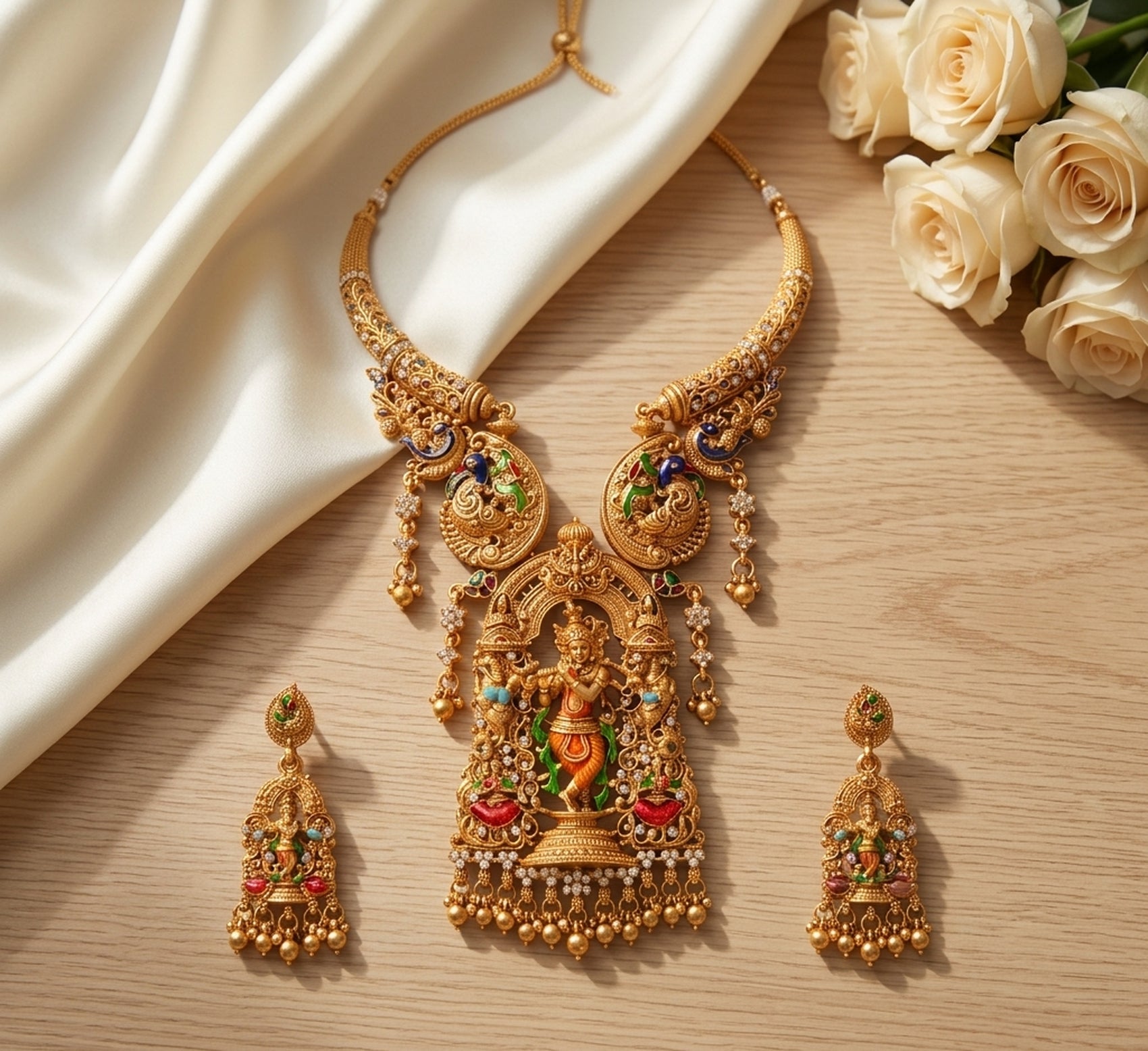 Jewel City Antique Gold Plated South Indian Temple Jewelry Set For Weddings - Dista