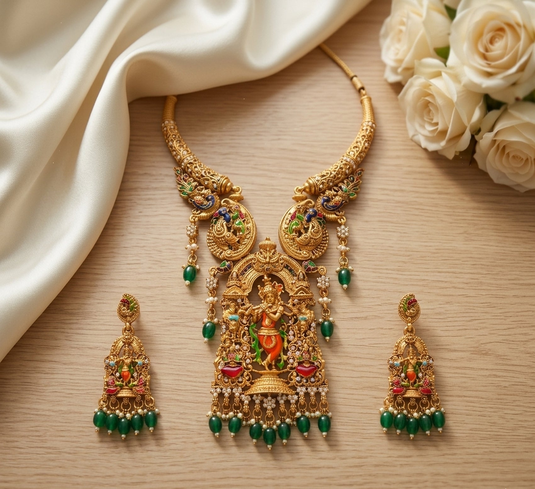 Jewel City Gold Antique Gold Plated Krishna Motif South Indian Temple Jewelry Set For Weddings - Dista