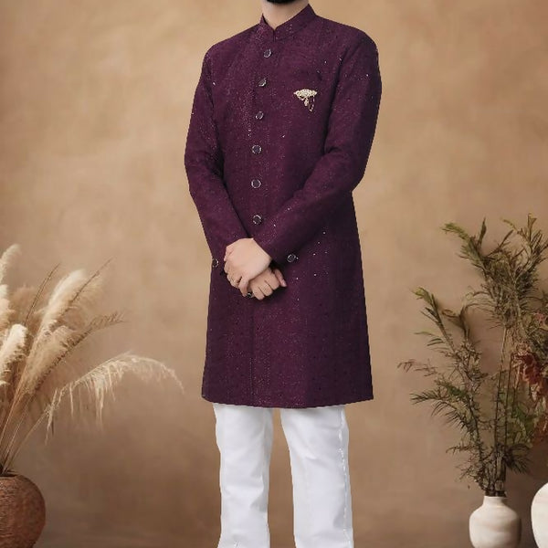 Joban Fashion Men's Wine Straight Silk Thread & Sequence Embroidery All Over Indo-Western Kurta Set - Distacart