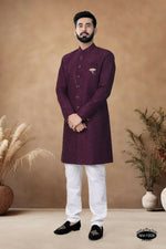 Thumbnail for Joban Fashion Men's Wine Straight Silk Thread & Sequence Embroidery All Over Indo-Western Kurta Set - Distacart