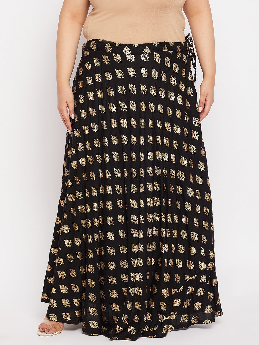 Wahe-NOOR Black Printed Flared Rayon Skirt