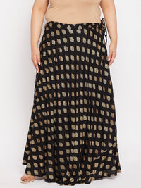 Thumbnail for Wahe-NOOR Black Printed Flared Rayon Skirt