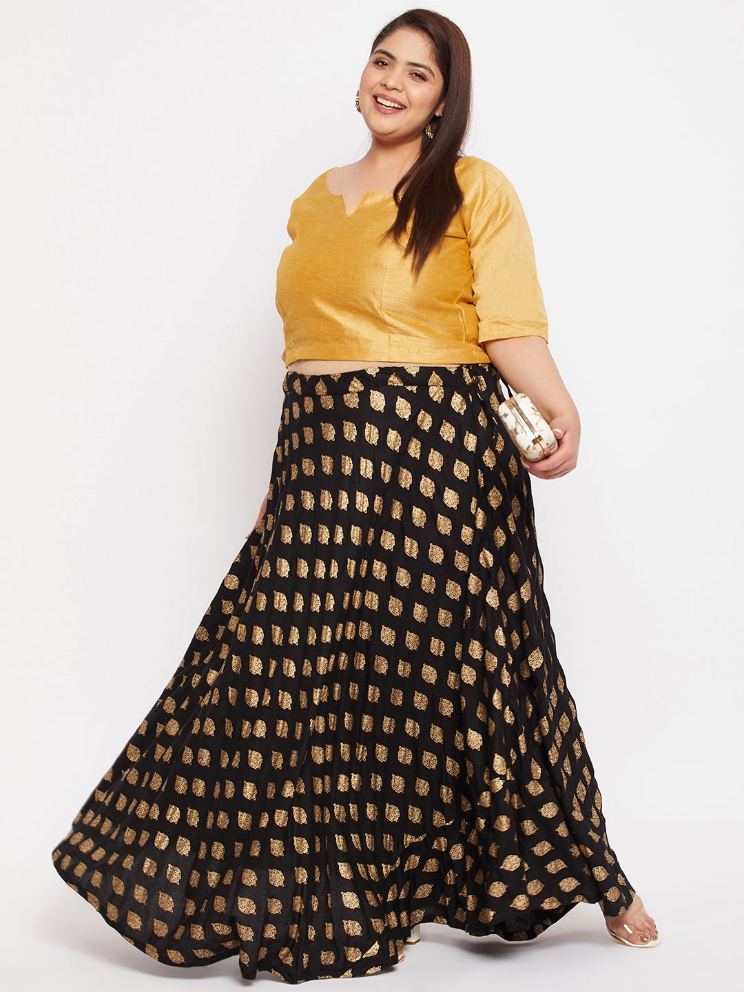 Wahe-NOOR Black Printed Flared Rayon Skirt