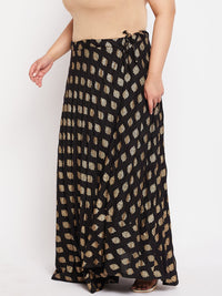 Thumbnail for Wahe-NOOR Black Printed Flared Rayon Skirt