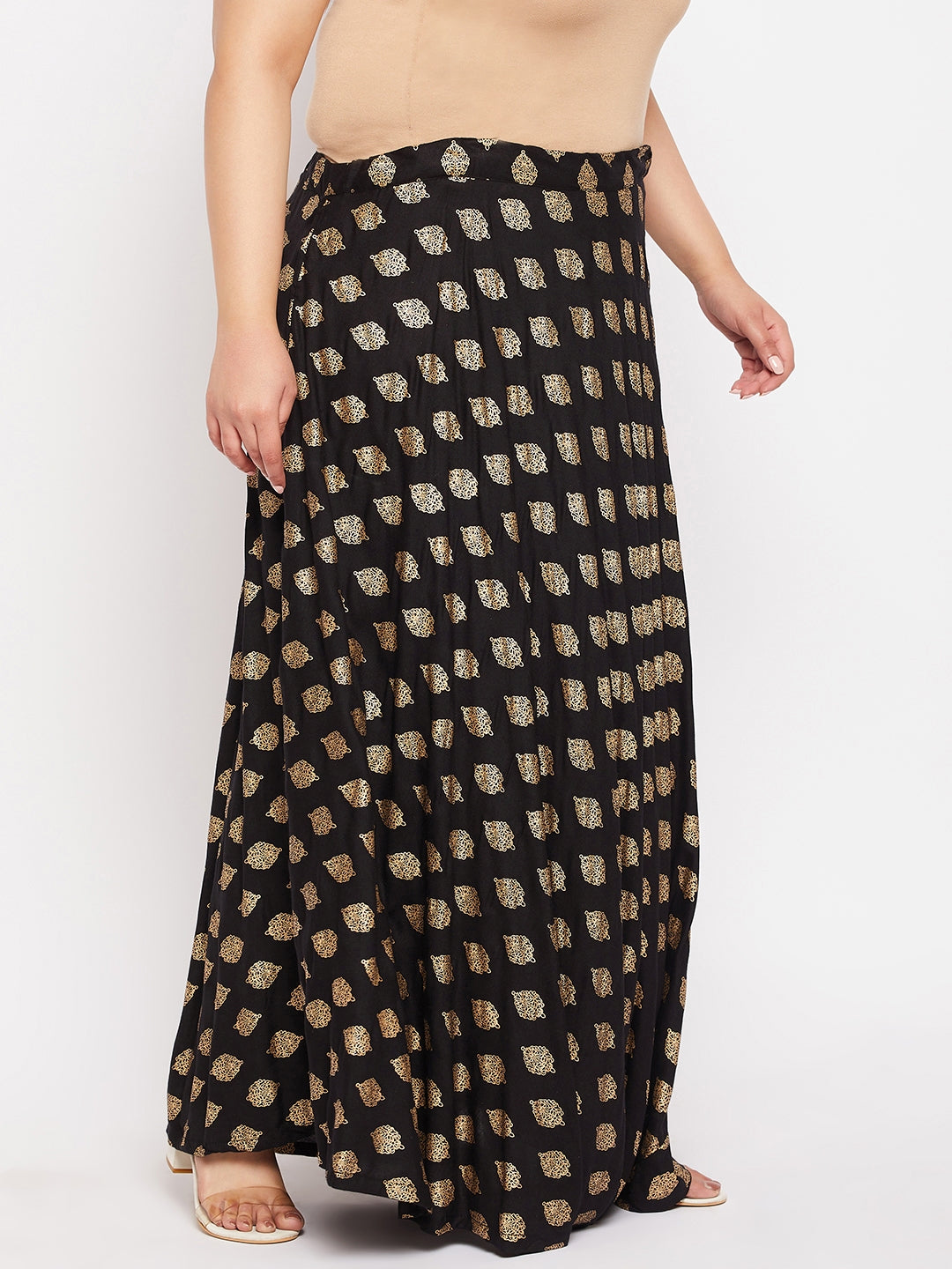Wahe-NOOR Black Printed Flared Rayon Skirt