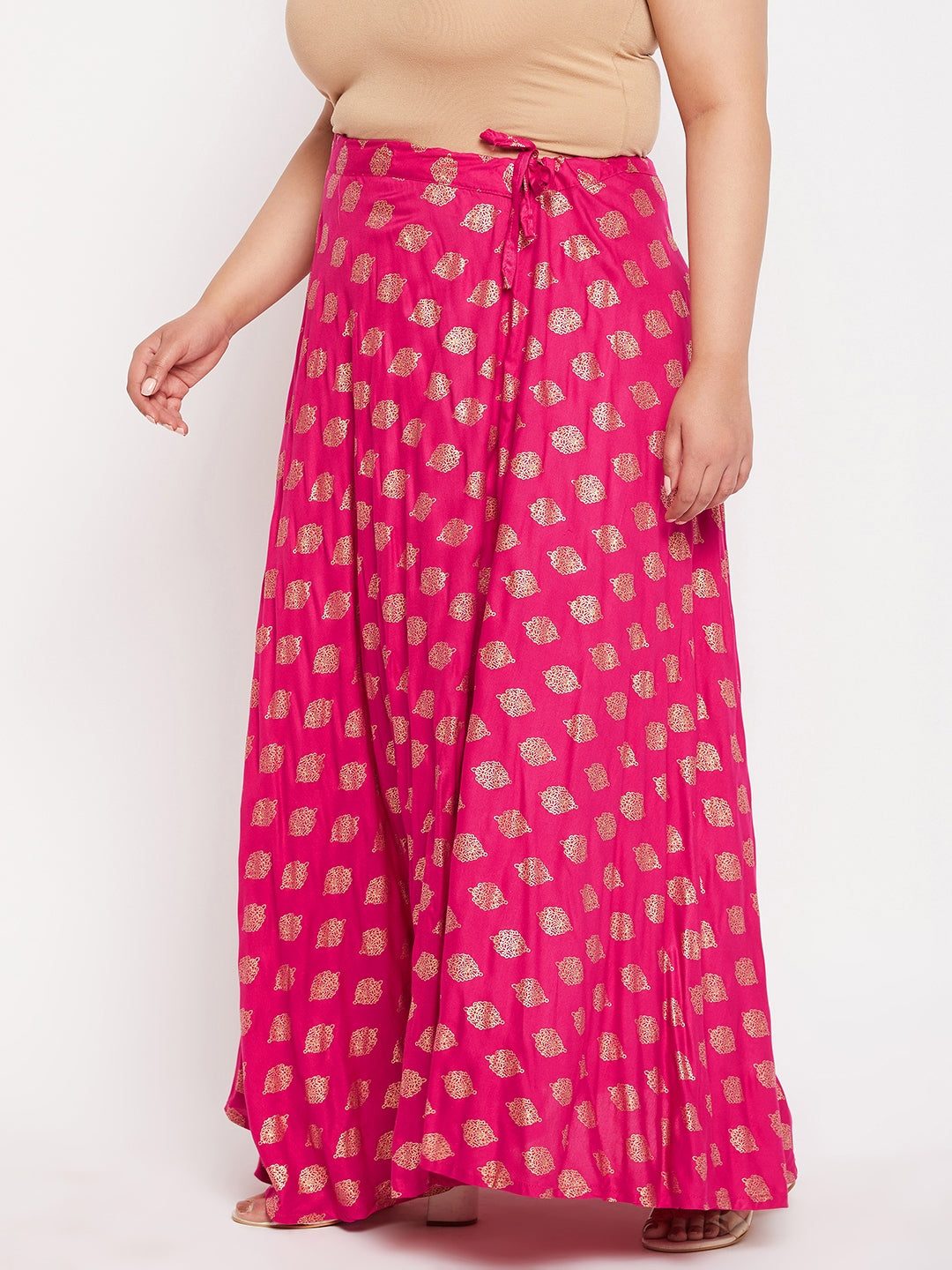 Wahe-NOOR Magenta Printed Flared Rayon Skirt