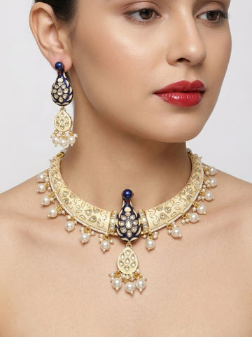 Jewel City Cream Royal Peacock Meenakari Necklace Set With Pearl Drops - Dista