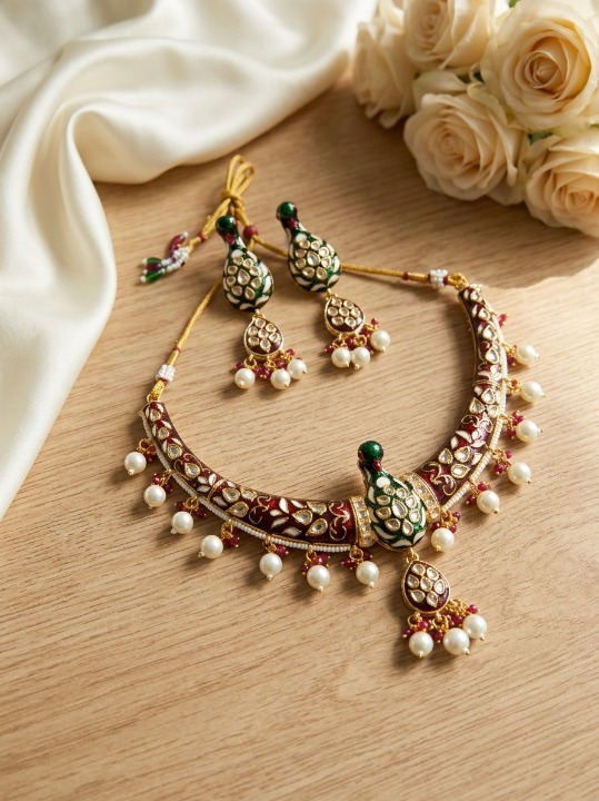Jewel City Multicolor Royal Peacock Meenakari Kundan Necklace Set With Pearl Drops - Dista