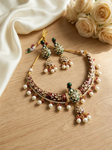 Jewel City Multicolor Royal Peacock Meenakari Kundan Necklace Set With Pearl Drops - Dista