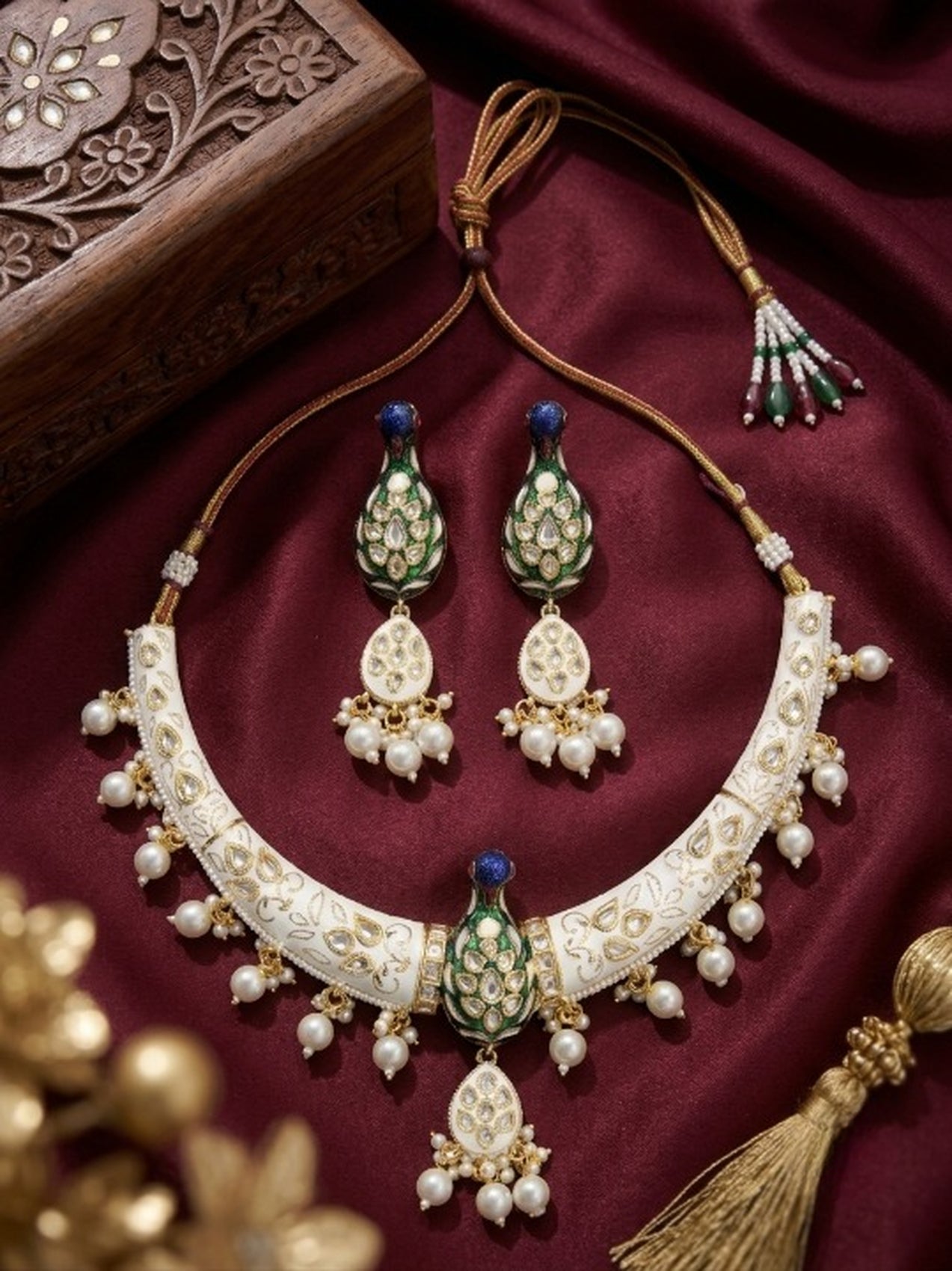 Jewel City White Royal Peacock Meenakari Kundan Necklace Set With Pearl Drops - Dista