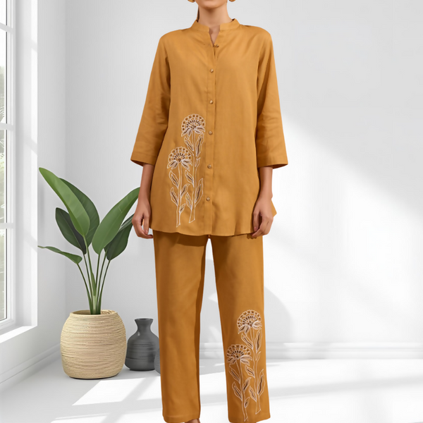 Joban Fashion Coral Cotton, Linen Embroidered Readymade Cord Set - Distacart