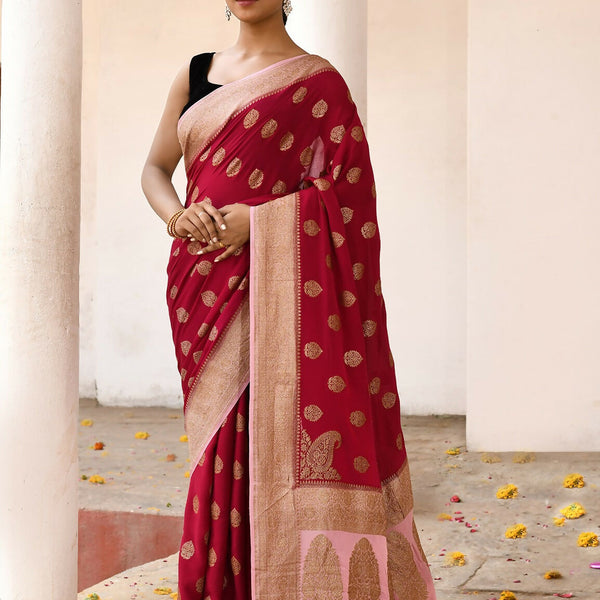 Joban Fashion Red Crepe Chiffon Pure Handloom Banarasi Silk Saree - Dista