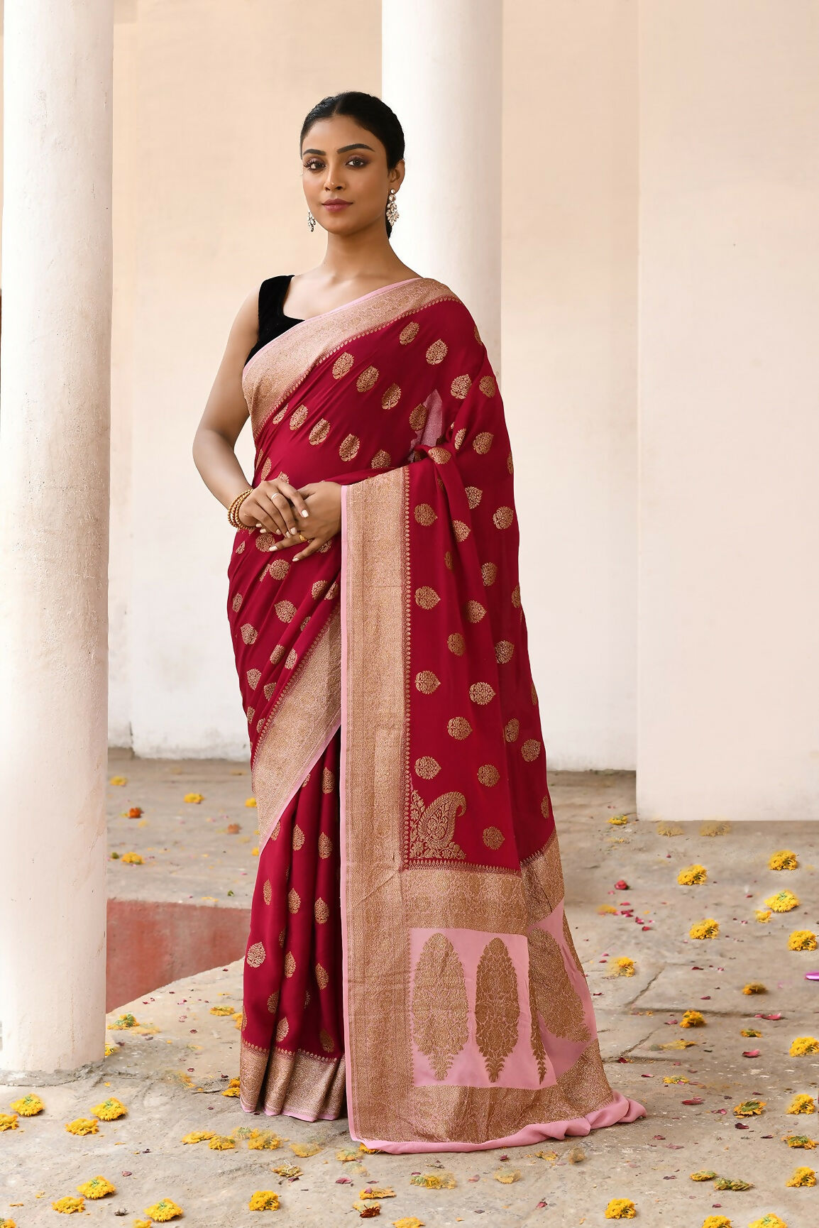 Joban Fashion Red Crepe Chiffon Pure Handloom Banarasi Silk Saree - Dista
