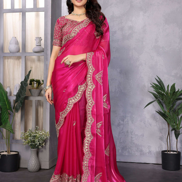 Vastranavya Pink Embroidery Work Shimmer Chiffon Saree with Unstitched Blouse - Distacart