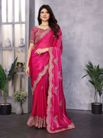 Thumbnail for Vastranavya Pink Embroidery Work Shimmer Chiffon Saree with Unstitched Blouse