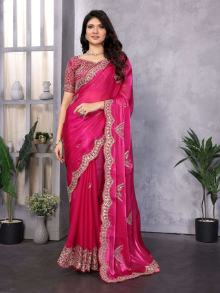 Vastranavya Pink Embroidery Work Shimmer Chiffon Saree with Unstitched Blouse