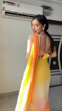 Thumbnail for Malishka Georgette Printed Ready To Wear Saree With Blouse Piece - Yellow - Distacart