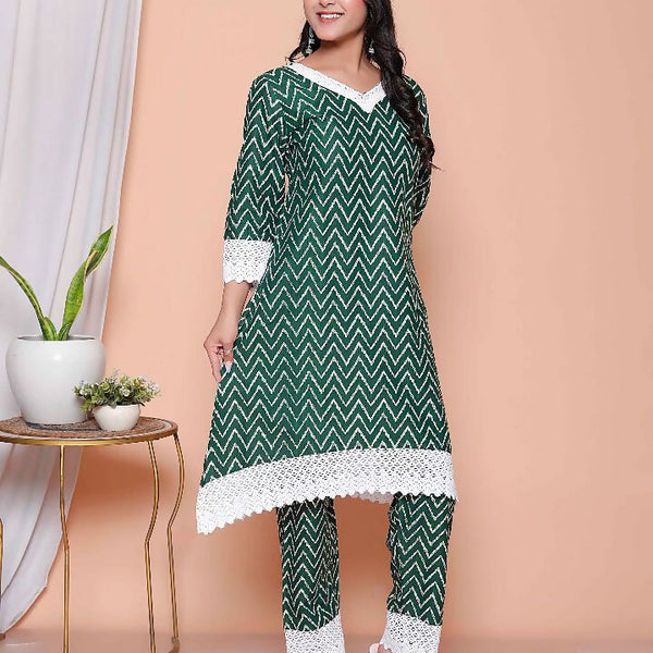 Miravan Womens Green Rayon Zigzag Print Kurta With Palazzo Set - Distacart