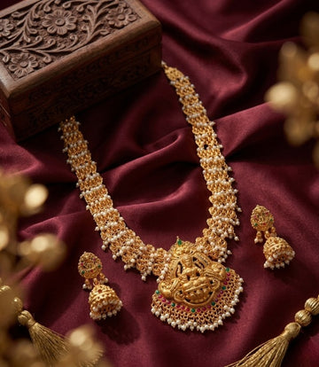 Jewel City Gold Plated South Indian Temple Jewelry Set Long Lakshmi Necklace with Pearl Jhumka Earrings Bridal Wedding - Dista