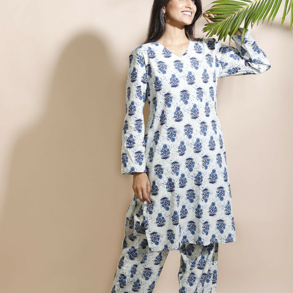 Breathables Women’S Cream Cotton Indian Motif Butta Loungewear Co-Ord Set – Long Kurta & Pants - Dista