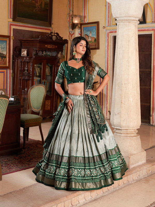 Vastranavya Occasionaly Tussar Silk Dot And Ikkat Print With Foil Work Lehenga Choli - Green - Distacart