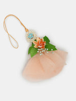 Thumbnail for NVR Women & Men Set of 2 Peach Floral Design Pearl Beaded Bhaiya Bhabi Rakhi With Roli Chawal & Chocolate - Distacart
