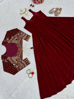 Thumbnail for Vastranavya Maroon Velvet Thread With Sequence Work Gown With Koti