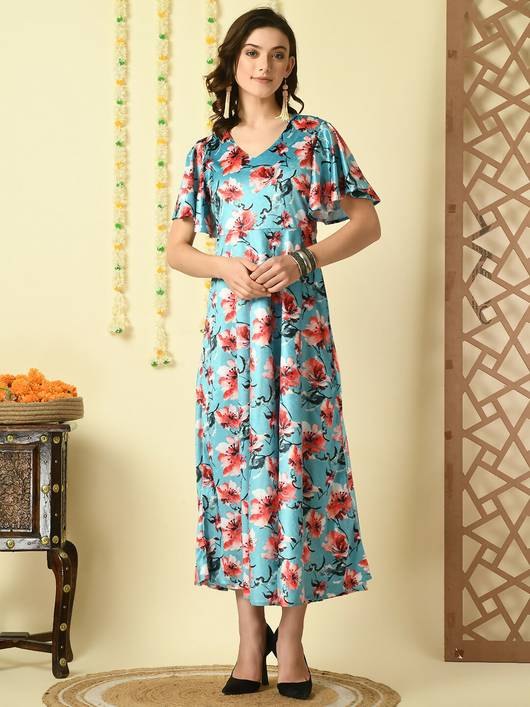 Myshka Women's Multi Printed Velvet Party Dress - Distacart